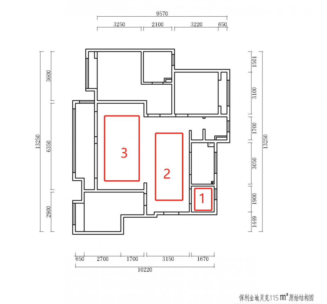 熊（xióng）皓宇_紅牛設計（jì）--保利金地貝克115㎡（三房）現代風格03戶型分析_原始結（jié）構（gòu）圖