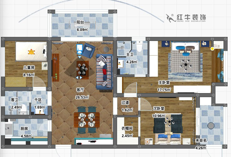 陸利民_碧景山莊6-201-117㎡-地中（zhōng）海風格_3室2廳2衛（新房裝修）_成（chéng）品家￥156700_全（quán）包15