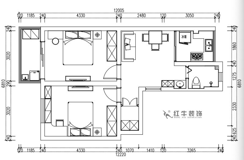 張桐（tóng）瑋_武定新村41-402-60㎡-簡歐風格_2室1廳1衛（老房裝修（xiū））_定製家￥83500_全包（bāo）10萬00_02平麵布置圖