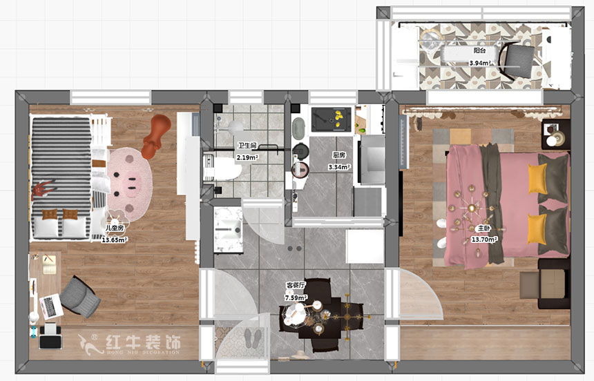 高靈慧｜華新（xīn）巷16-405-55㎡-北歐風格｜2室1廳2衛｜老房裝修（xiū）｜定製家￥100000｜全包10萬｜00_03彩平圖（tú）