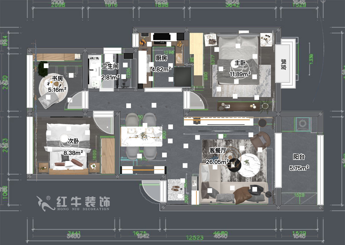 顧娟｜花雨南庭4-1-201-79㎡-現代（dài）風格｜3室（shì）2廳1衛｜老房裝修｜定製家￥80200｜全包12萬｜00_03彩平圖