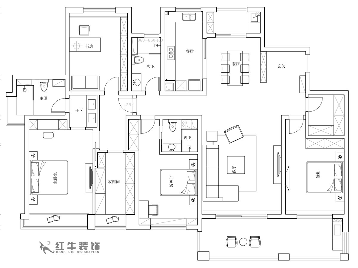 【實景案例】陸利（lì）民｜天瓏灣150-1603-240㎡-現代輕奢風（fēng）格｜4室2廳3衛｜定製家￥338430｜全包（bāo）40萬｜00_01平麵布置圖