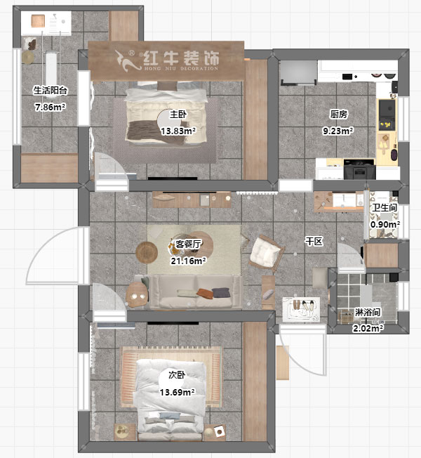 朱（zhū）明琪｜有福家苑（yuàn）34-104-82㎡-現代簡約原木風格｜2室（shì）2廳1衛｜老（lǎo）房裝修｜定製家￥131000｜全包14萬｜00_03平麵彩圖