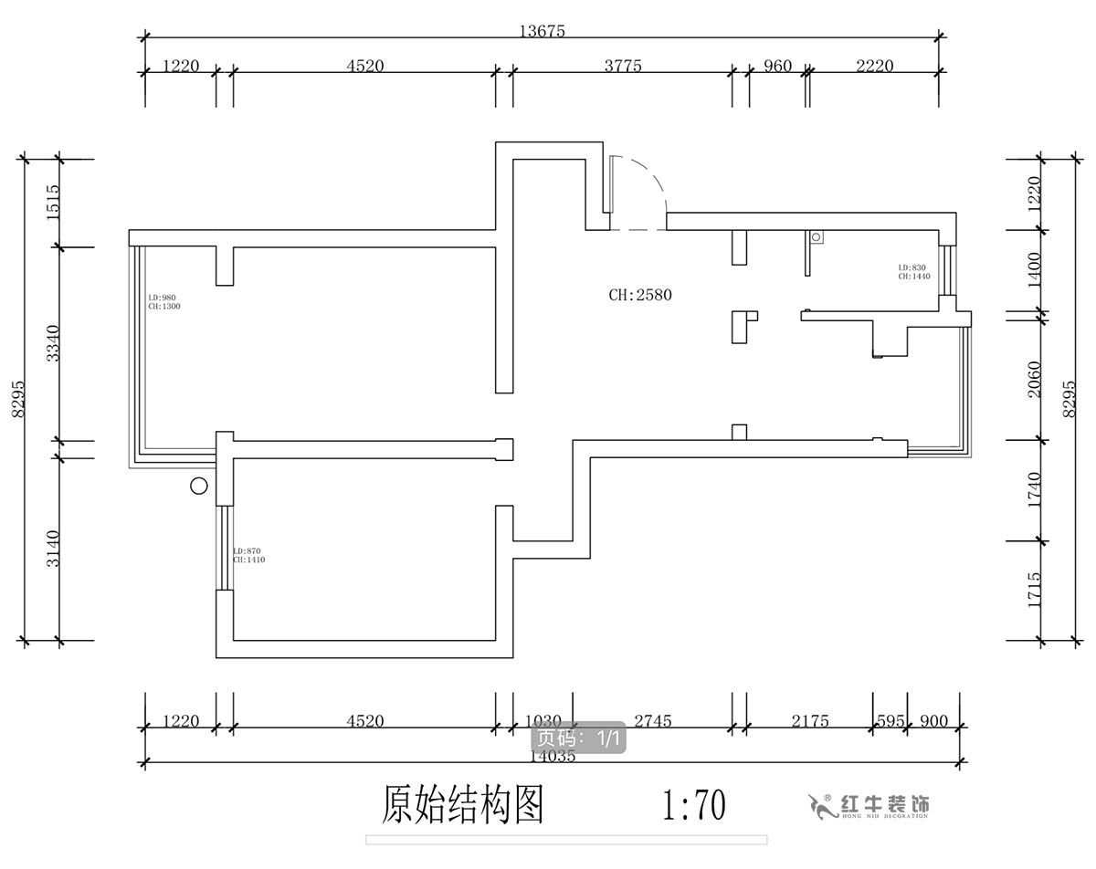 蔣琛｜安泰（tài）村21-401-80㎡-現代簡約風（fēng）格（gé）｜2室1廳1衛（wèi）｜舊房裝修｜定製家（jiā）￥126767｜全包12萬｜00_01原始結（jié）構圖（tú）