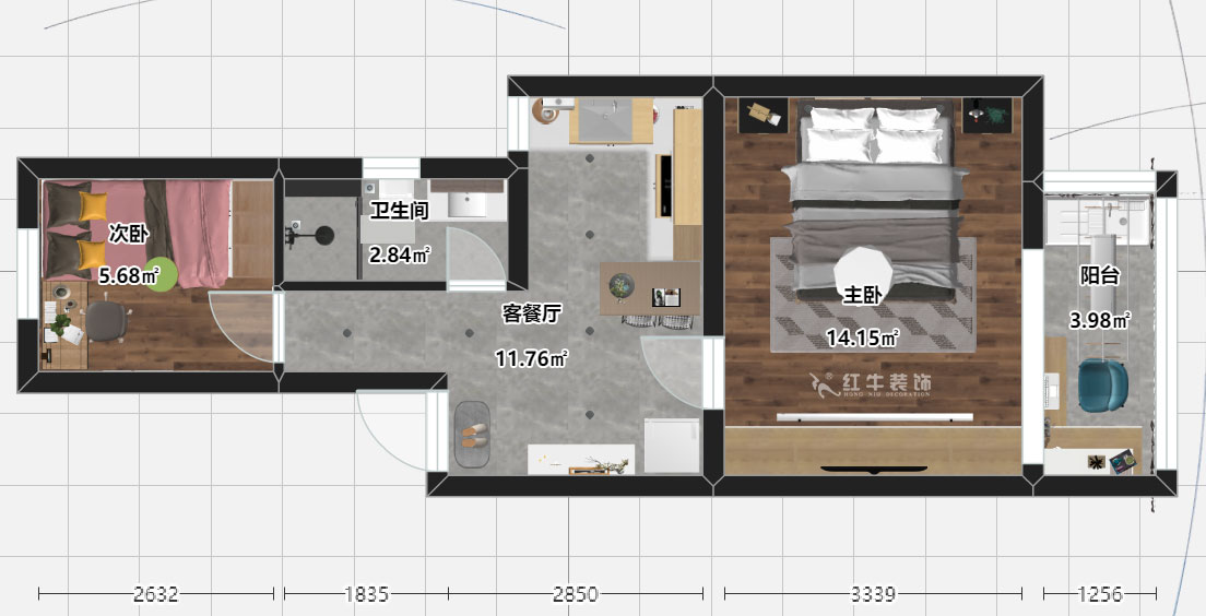 劉（liú）曉芳｜老虎頭41-701-50㎡-現代風格｜2室1廳1衛｜老房裝修｜定製家（jiā）￥88740｜全包8