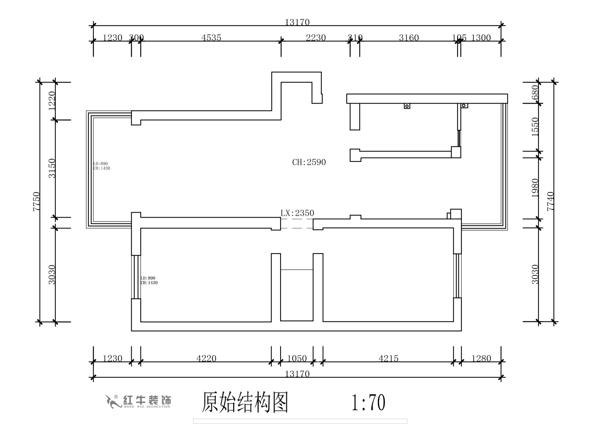 蔣琛｜天福園（yuán）43-401-90㎡-現代簡約風格｜2室（shì）1廳（tīng）1衛｜舊房裝修｜定製家￥122757｜全包（bāo）12萬｜00_01原始結構圖