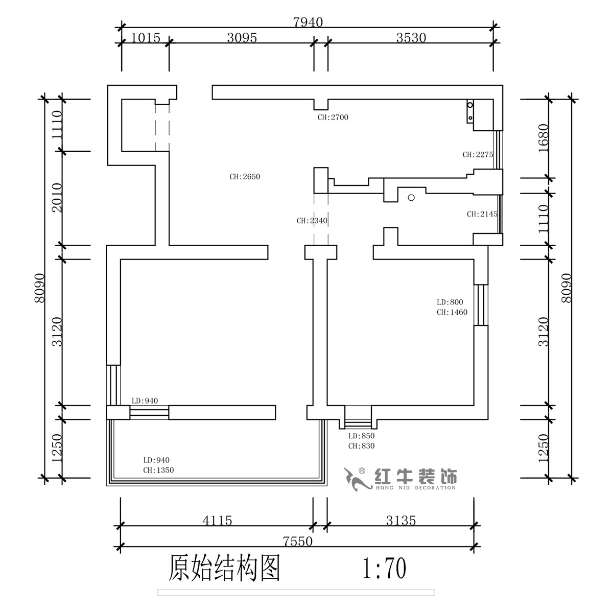 蔣琛｜公園路44號小區3-204-60㎡-現代簡約風格｜2室1廳1衛｜舊房（fáng）裝修｜定製家（jiā）｜全包10萬｜00_01原始結構圖（tú）