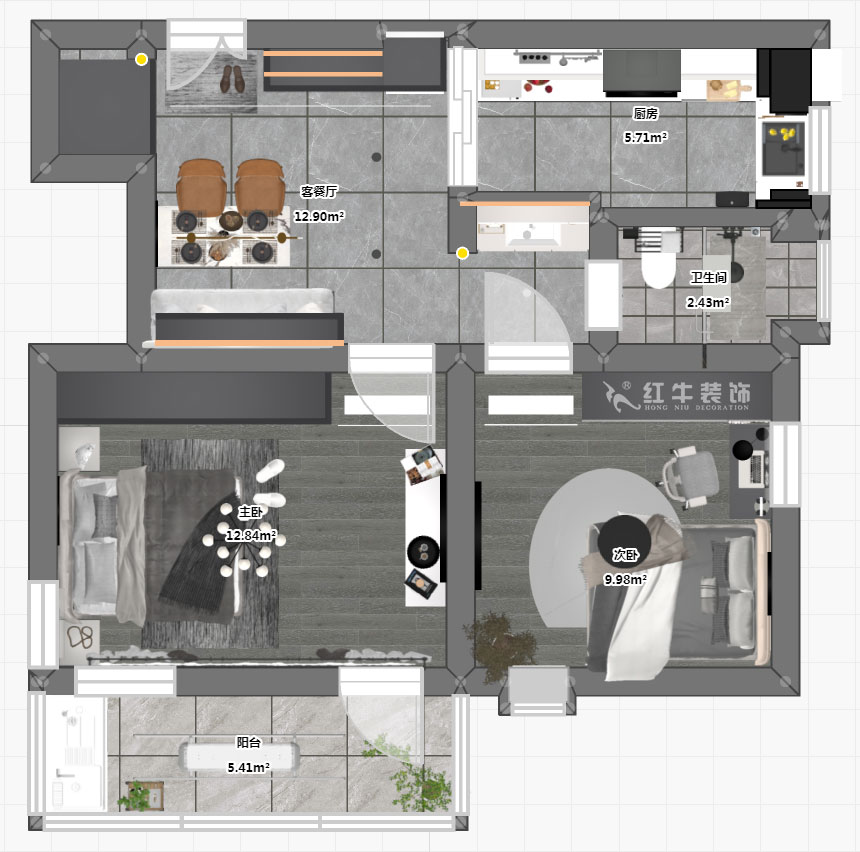 蔣琛｜公園路44號小區3-204-60㎡-現（xiàn）代簡約風格｜2室1廳1衛｜舊房（fáng）裝修｜定製家｜全包10萬｜00_03平麵彩圖