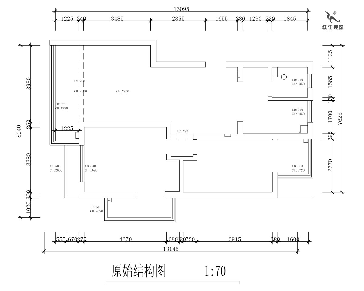 蔣（jiǎng）琛｜紫鑫中華廣場11-601-110㎡-現代（dài）簡（jiǎn）約風格（gé）｜2室2廳1衛｜舊（jiù）房（fáng）裝修｜定製家￥140400｜全包15萬｜00_01原始結構圖