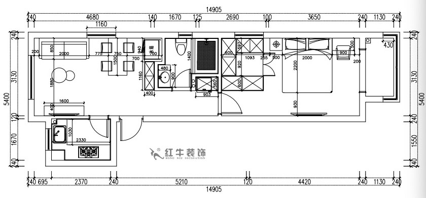 張桐瑋｜紫楊佳園29-2101-59㎡-現代簡約風格｜2室1廳1衛｜新房（fáng）裝修｜定製家￥89500｜全包10萬｜00_03平（píng）麵尺寸圖（tú）