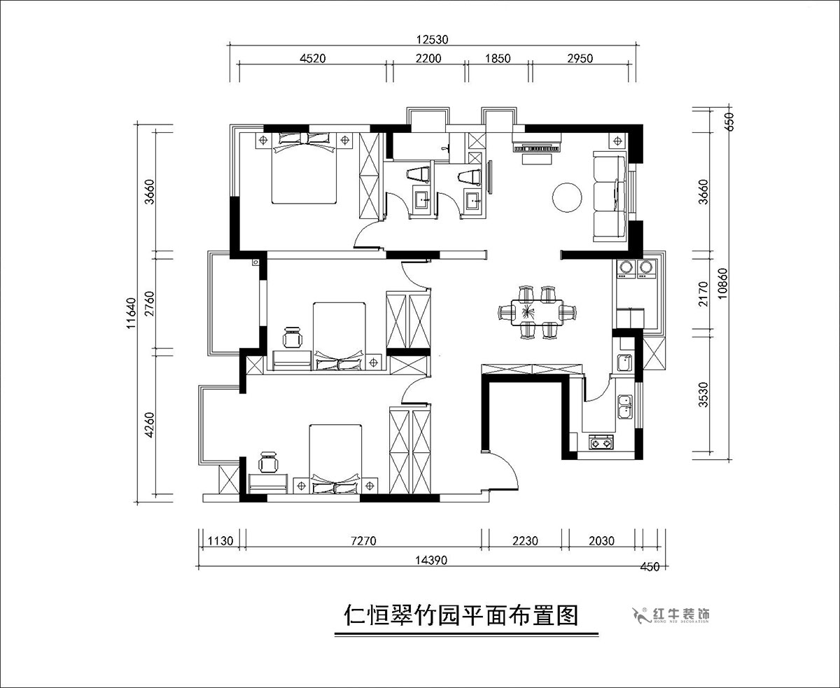 朱彥｜仁（rén）恒翠竹園26-204-130㎡-簡約風格｜3室（shì）2廳2衛｜老房裝修｜定製家｜全包20萬｜00_02平麵（miàn）布置圖