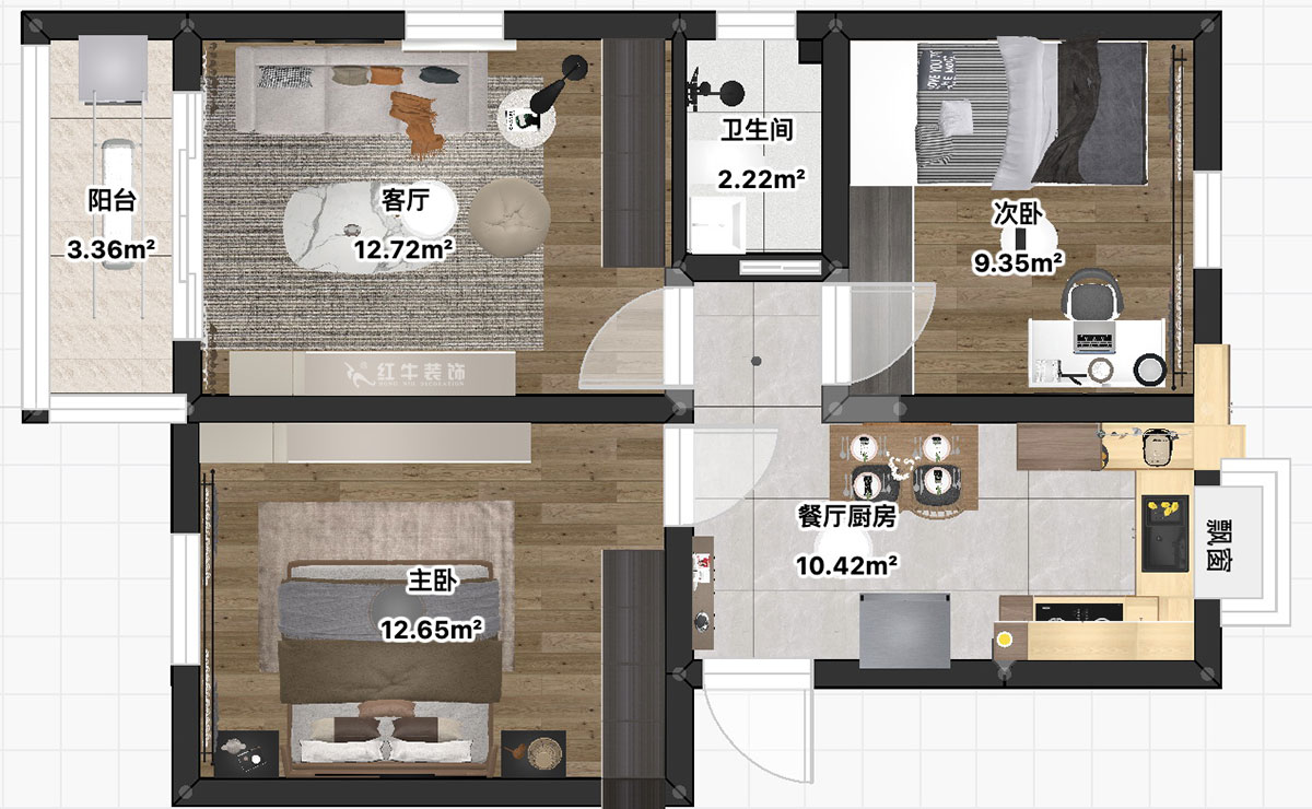 朱彥｜普德村118號4-406-65㎡-簡約風格｜2室2廳1衛｜老房裝修｜定製家｜全包11萬｜00_03平麵彩（cǎi）圖（tú）