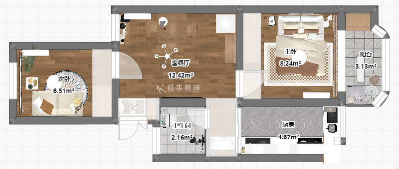 高靈慧｜南苑台園26號（hào）9-401-60㎡-北歐風格（gé）｜2室1廳1衛｜老房裝修｜定製家｜全包9萬｜00_03平麵彩圖