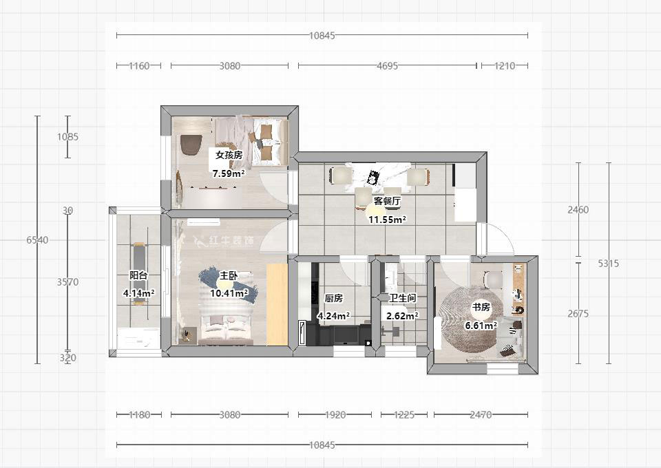 蔣琛（chēn）｜建鄴路住宅小區72-1806-70㎡-現代簡約風格｜3室1廳1衛（wèi）｜老房裝修｜定製家｜全包（bāo）10萬｜00_03平麵（miàn）彩圖