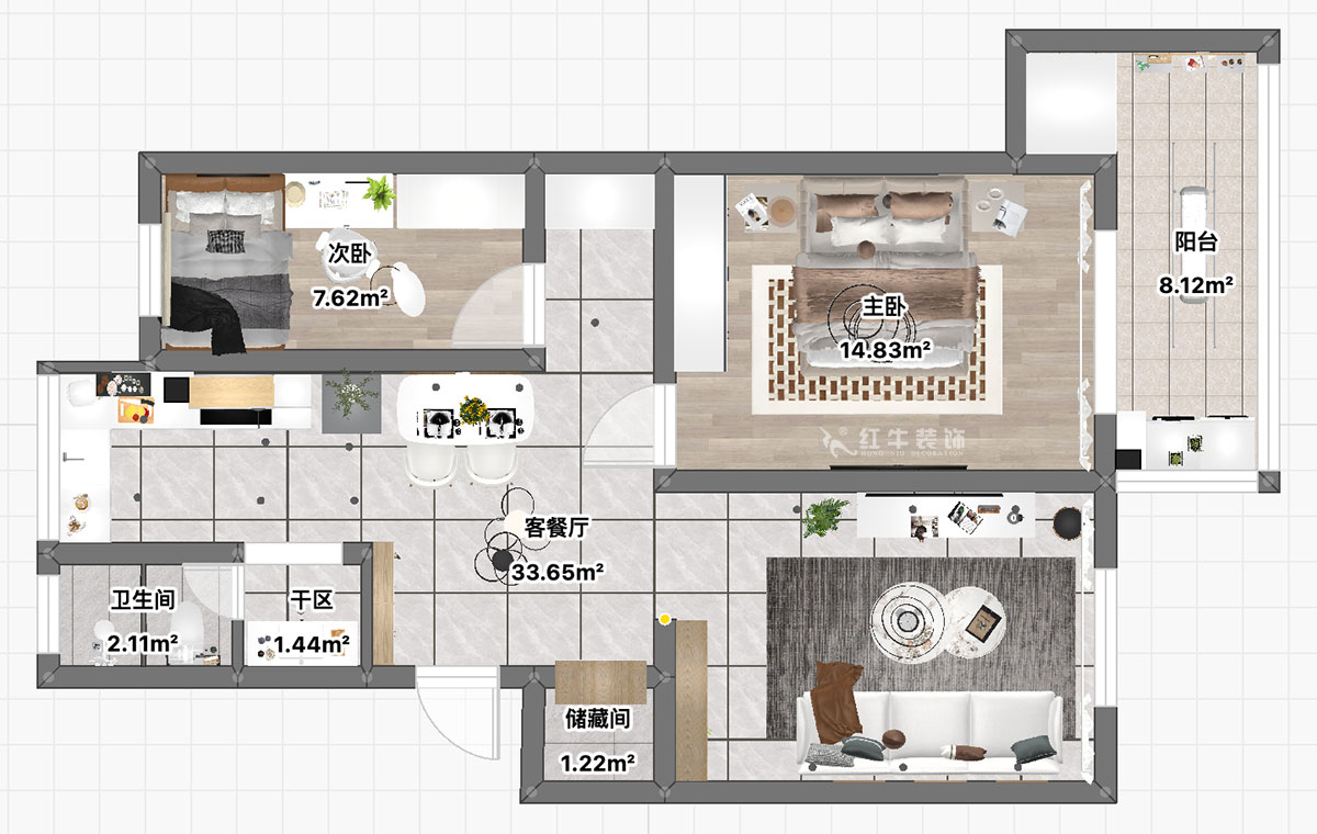 朱彥｜上海路（lù）79號2-201-80㎡-簡約風格｜3室（shì）1廳1衛｜老房裝修｜定製家｜全包11萬｜00_03平（píng）麵彩圖