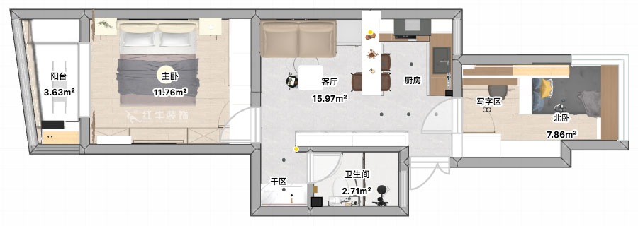 張智猿（yuán）｜景明佳園拾景苑1-1-402-50㎡-現代風格｜2室1廳1衛｜老房裝修｜定製家｜全包12萬｜00_04平麵（miàn）彩圖