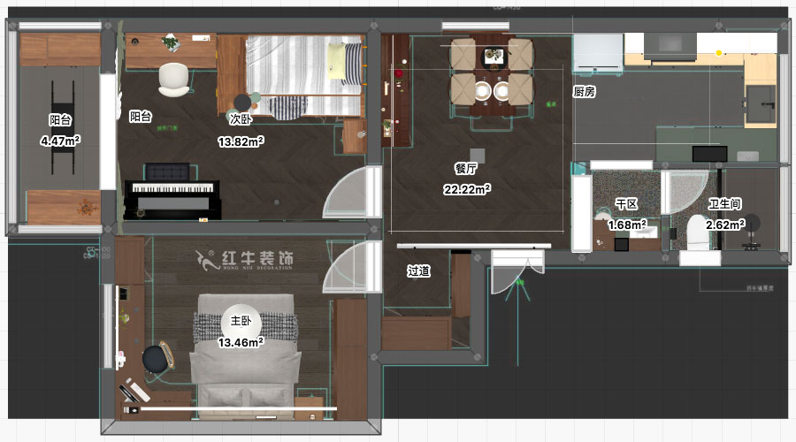 孟憲濤｜寧夏路18號3-204-70㎡-現代風格｜2室2廳1衛｜老房裝修｜定製（zhì）家｜全包12萬｜00_03平麵彩圖