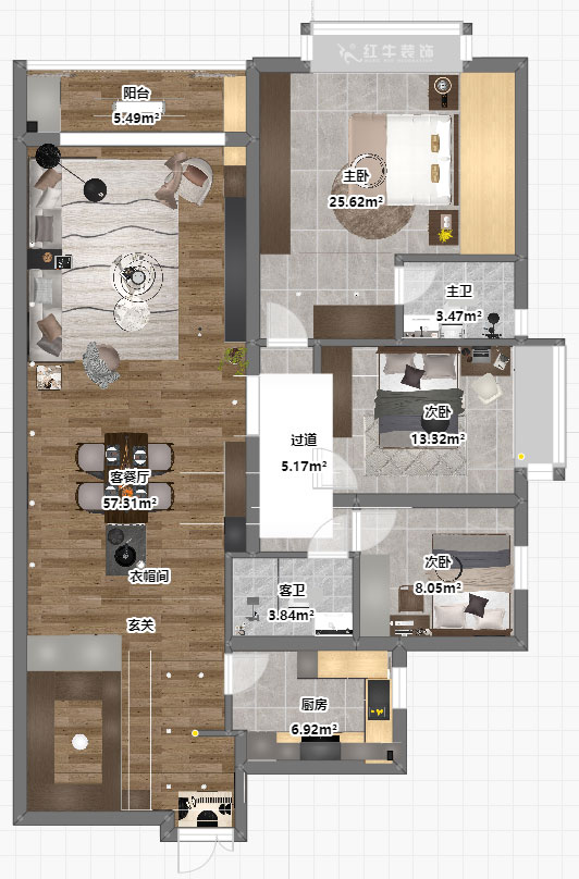 吳波｜京隆名爵（jué）府3-1107-165㎡-現代風格｜3室2廳2衛｜新房裝修｜定製家｜全包21萬｜00_04平（píng）麵彩圖