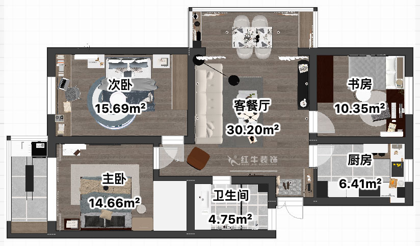 吳波｜宏鷹花園2-601-103㎡-現代簡（jiǎn）約風格｜3室2廳1衛｜舊房（fáng）裝修｜定製家｜全（quán）包13萬｜00_04平麵（miàn）彩圖