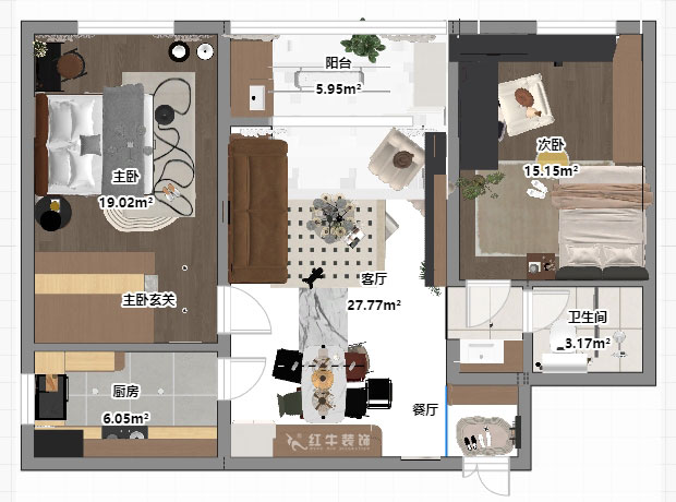 朱明琪｜朗詩國（guó）際街區中園6-1-602-100㎡-現代原木風格（gé）｜2室1廳1衛（wèi）｜老房裝（zhuāng）修｜定製家｜全包11萬｜00_03平麵彩圖